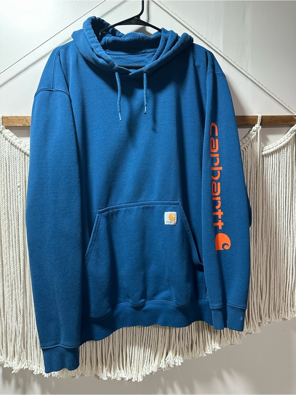 Carhartt Teal Blue Pullover Hoodie with Orange Sleeve Logo
